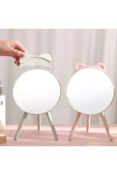 Desktop Decorative Cute Cat-Eared Makeup Mirror Mint Green Princess Mirror Hair Comb