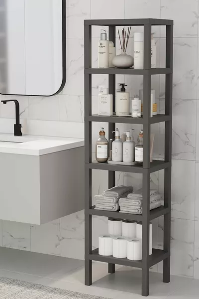 Ombeg Vesken Декоративен пластмасов многофункционален органайзер за баня с 6 отделения, поставка за саксии и библиотека, антрацит