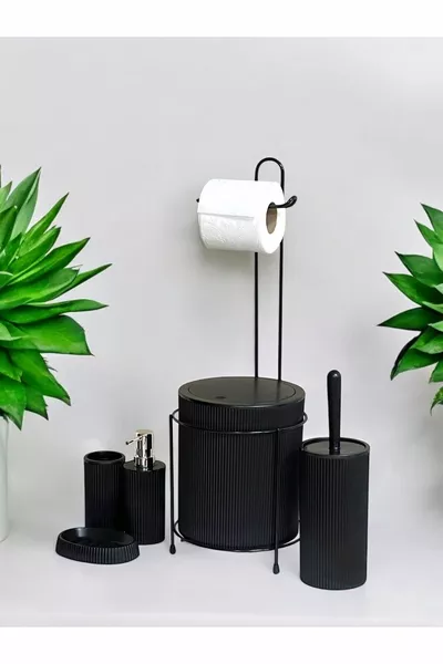 6-delige Badkamer Set met Metalen Standaard, Prullenbak, Toiletpapierhouder en Toiletborstel, Solide - Vloeibare Zeep