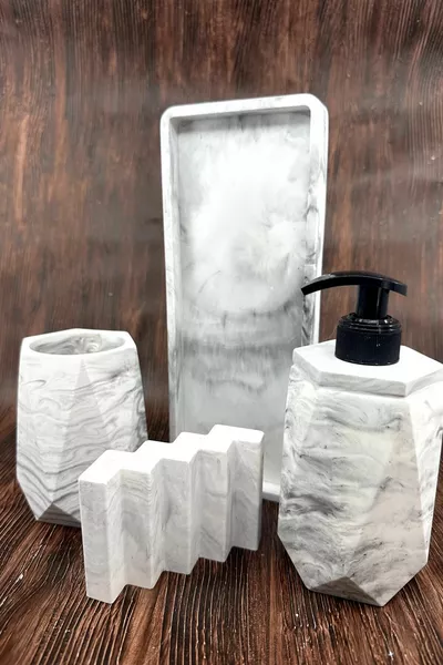 4-delige Badkamer Set van Beton met Marmermotief Vaste en Vloeibare Zeepdispenser Tandenborstelhouder Dienblad