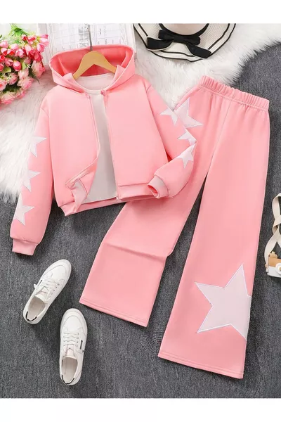 Star Print 3 Pink Thread Bottom Fleece Children's Top and Bottom Set