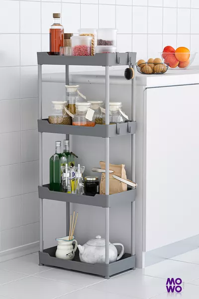 Mowo 4-laags grijze badkamerrek met voeten, keukenrek, handdoekenrek, wasmiddelhouder, make-up organizer, Vesken