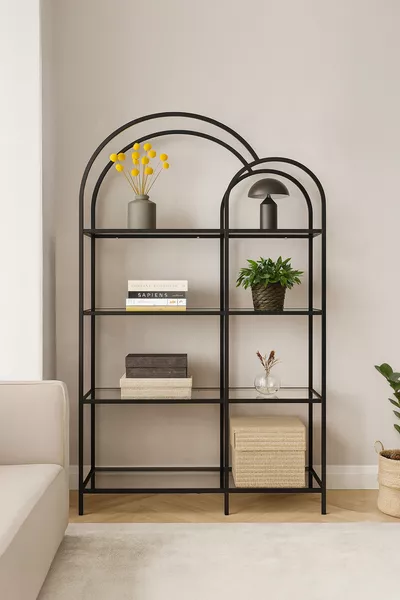 Двоен метален шкаф за книги - Черен декоративен аксесоар с прозрачни стъклени рафтове, кухненски рафт