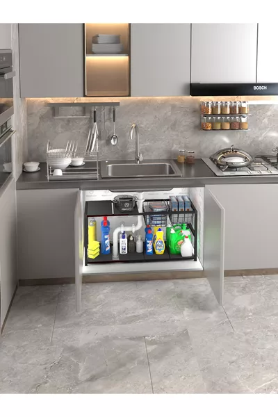 Разширяващ се регулируем организатор с рафтове, 2 метални кошници за кухня и баня