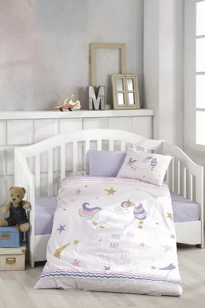 Girl's Purple Digital Printed 3D Cotton Baby Duvet Cover Set