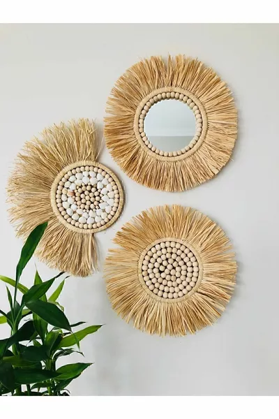 Bohemian Wall Mirror Set Decorative Mirror Wall Plate Wicker Plate Bohemian Mirror