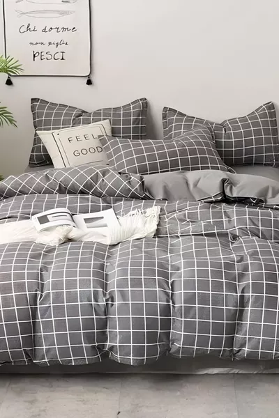 طقم لحاف مزدوج الوجه مزدوج لشخصين باللون الرمادي الداكن مربعات