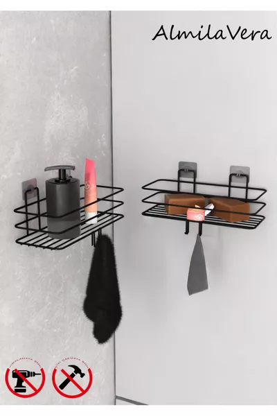 Zwarte sterke zelfklevende haak badkamerplank, set van 2.