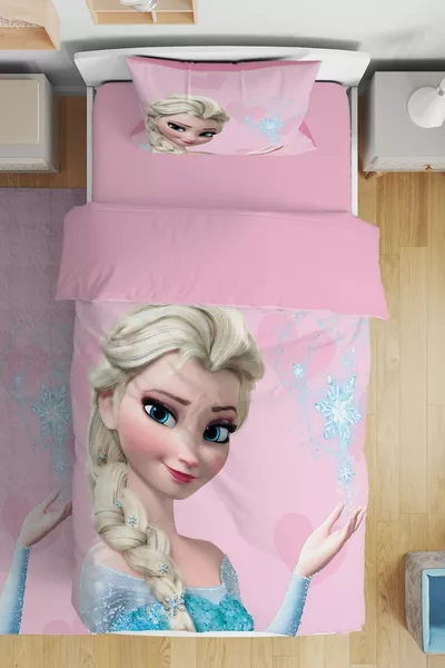 Pink Elsa Patterned Single Bed Baby Kid Duvet Cover Set