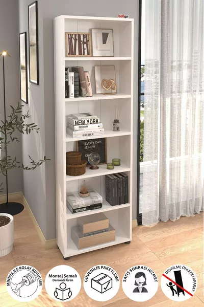 6 Raflı Kitaplık Dekoratif Kitaplık Modern Kitaplık Beyaz
