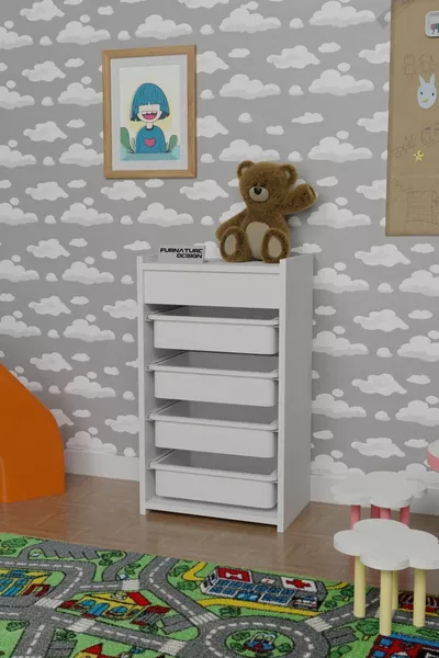 4 Basket Toy Cabinet Multi-Purpose Kitchen Cabinet Vegetable Holder White - White