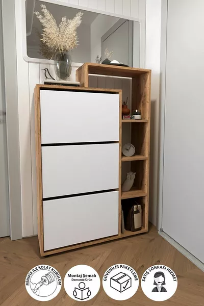 Lego Shoe Cabinet with Drop Cover, Shoe Cabinet with Shelves, Shoe Organizer Pine-White