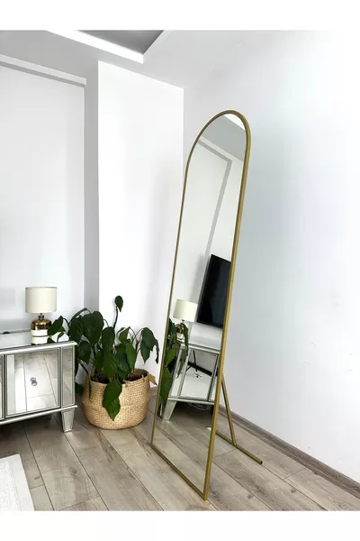 Full-Length Mirror with Gold Metal Frame and Removable Stand