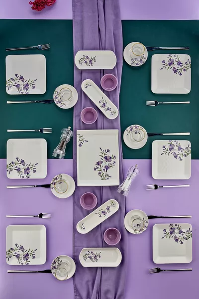 Лилави бръшлян 6-частов квадратен комплект за закуска за 6 души