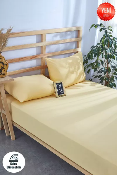Комплект чаршафи с жълта ластична лента, едноцветен, памучен - с калъфки за възглавници, единичен, двоен, голям