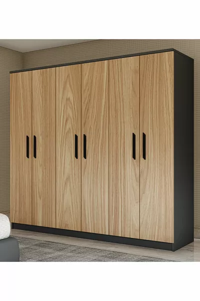 Gm خزانة ملابس مفضلة بستة أبواب بدون مرآة سونوما - رمادي أنثراسايت بمقابض سوداء