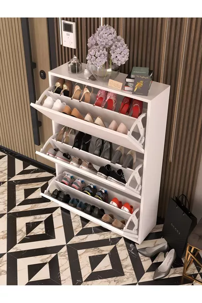Skeche Drop Cover Shoe Rack with Shelves 3-Compartment Shoe Rack White