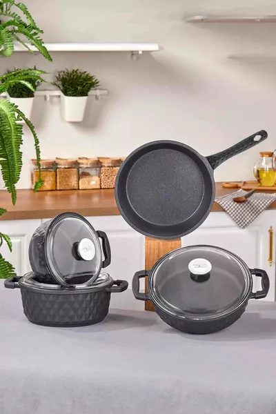 Набор кастрюль Carabella с литым стеклянным крышками, 7 предметов, черный - 