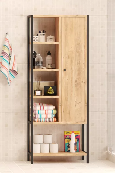 Eva decoratieve kast met deksel, 8 planken, badkameropbergkast, multifunctionele badkamerkast, handdoekhouder en wasmiddellade