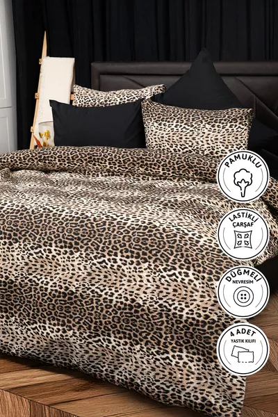 Dubbel Dekbedovertrek Set met Elastisch Laken in Luipaardprint