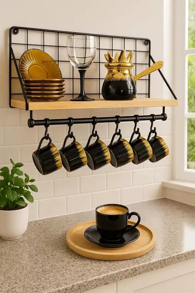 رف مطبخ خشبي بحامل وخطافات مع شماعات سلكية