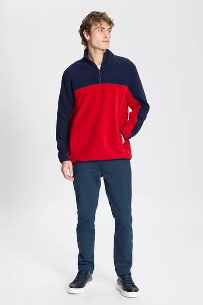 Мъжки тъмносиньо-червен стандартна кройка с нормална кройка ежедневна ежедневна двуцветна спортна суитшърта от полар