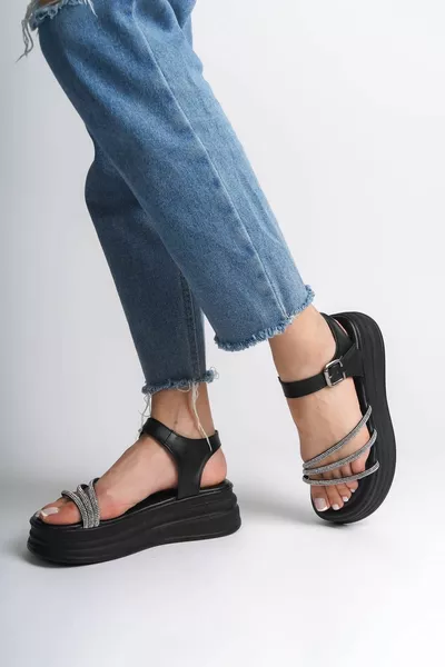 EVA Thick Buckle Stone Stripe Orthopädische Sohle Damen Sandalen ST Schwarz