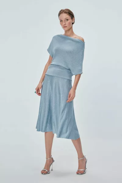 Stone Print Pleated Blue Midi Skirt