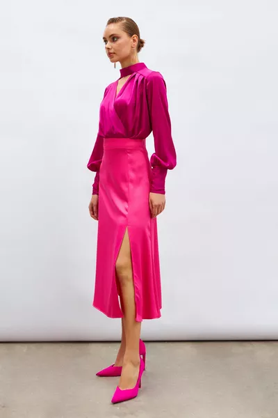 Satin Skirt with Slit - Fuchsia