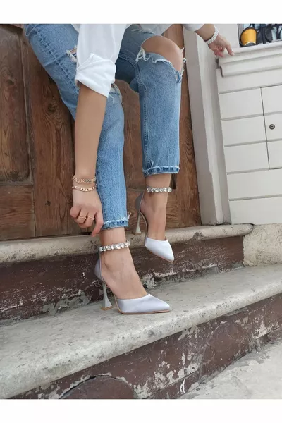 Сребърен сатен глезен камък см Шампанско Гривна за ток Дамски токчета