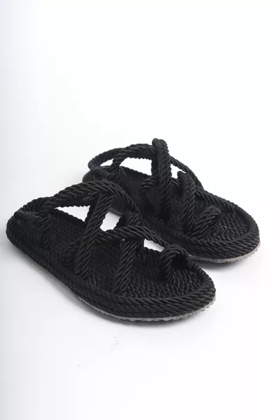 Sandali in paglia con coulisse in corda nera miele