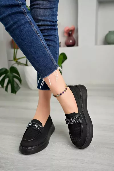 Tricots Semelle Épaisse Chaîne Boucle Métal Mocassins Chaussures-noir