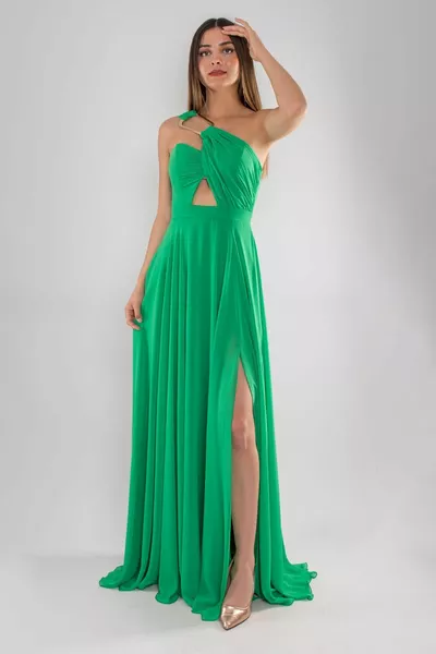  Hellenic Model Chiffon Long Dress with Shoulder Buckle