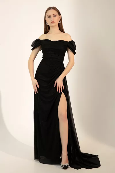 Women's Black Boat Neck Draped Slit Long Glitter Evening Dress