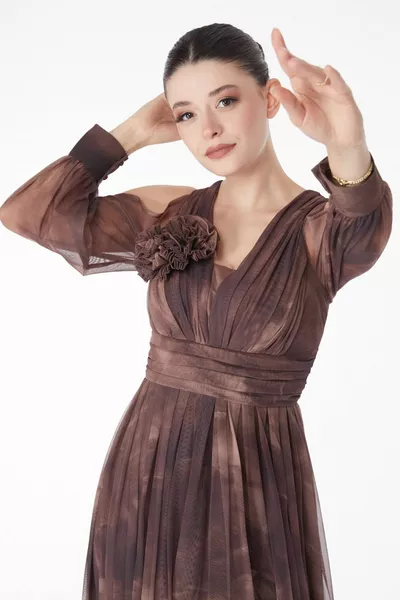 Straight Middle Women's Brown Juicy Patterned Pleated Evening Dress - 