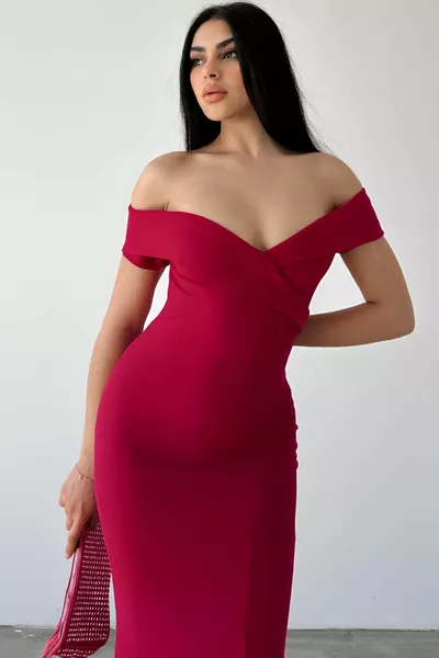 Korte Mouw Madonna Hals Vis Fuchsia Avondjurk