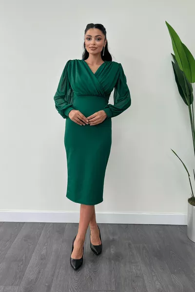 Robe crayon en tulle à manches en tissu crêpe - Vert émeraude