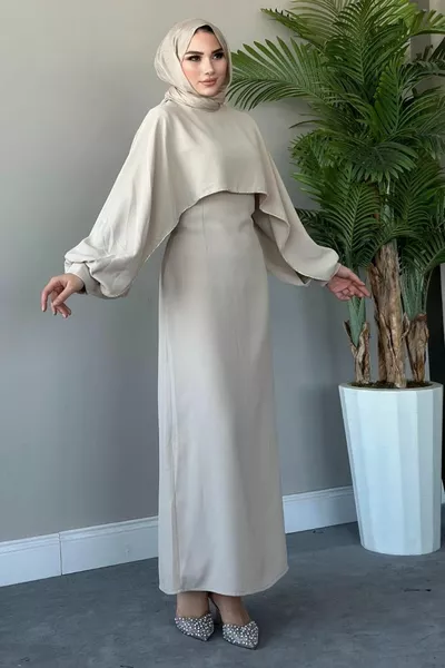 Caped Evening Dress Beige