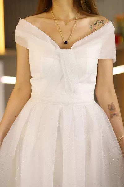 Weiß Midi Länge Alles Glitzer Tüll Abendkleider Hochzeit Hochzeit Verlobung Henna Kleid Brautkleid