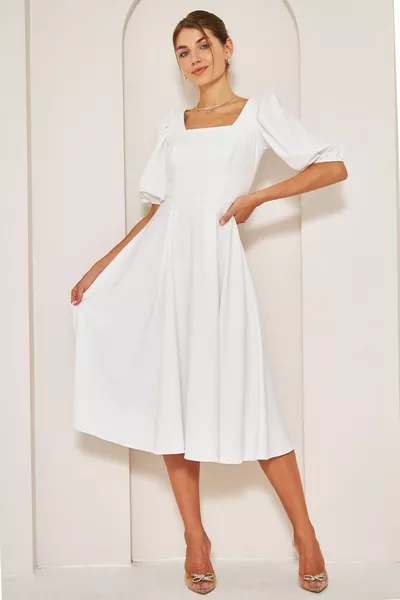 أبيض ميدي طول بالون كم مربع الرقبة قصيرة كم مطاطي المنسوجة المتدفقة النسيج اللباس