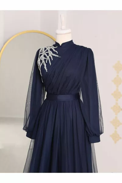 Stenen Gedetailleerde Gedrapeerde Tule Avondjurk met Riem aan de voorkant