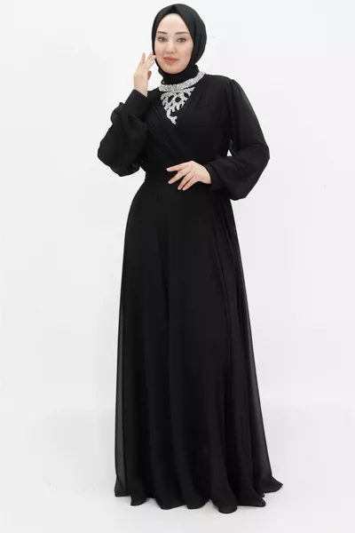 Chiffon Fabric Double-breasted Collar Look Stone Evening Dress