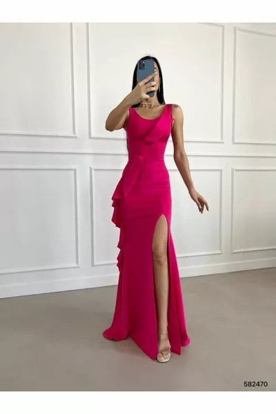 Boat Collar Cross Detailed Ruffled Slit Fish Evening Dress