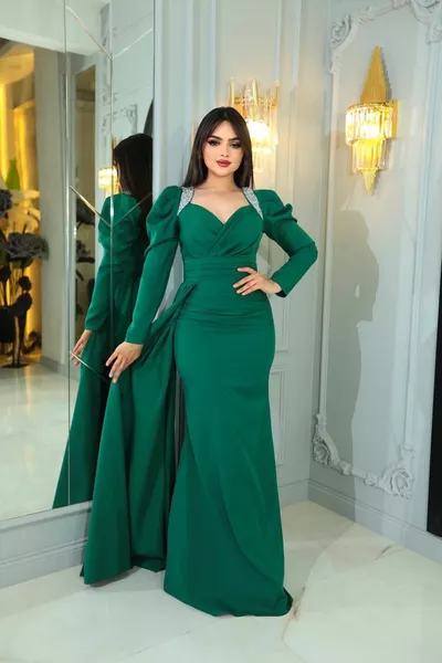 Belted Evening Dress with Shoulder Embroidery Detail