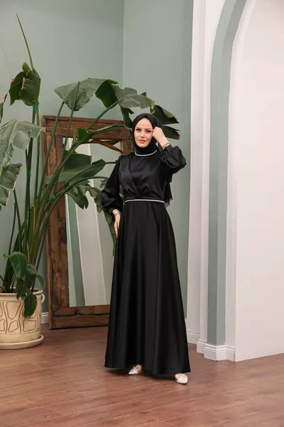 Collar Stone Satin Evening Dress - Black