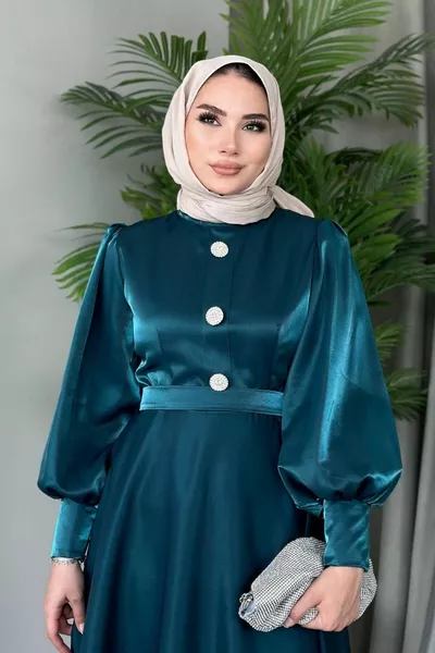 ثلاثة زر بالون الأكمام مساء اللباس الزمرد