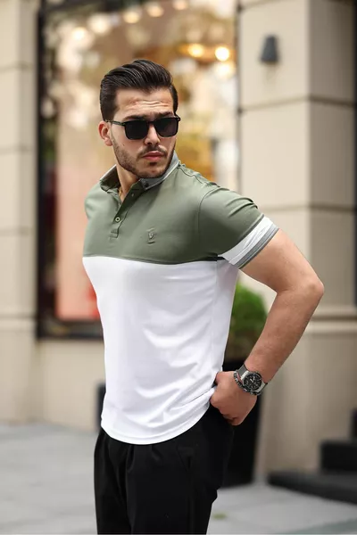 كاكي أبيض كاجي ستون قطعة بولو الرقبة قصيرة الأكمام تي شيرت - 