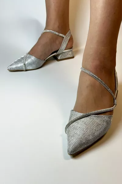 Women's Welt Low Heels Stone Shiny Silver Ballet Flats Evening Shoes