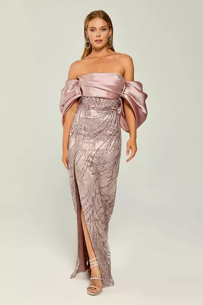 Slit Dress with Rose Embroidered Over the Shoulder Drop