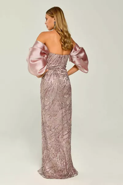 Slit Dress with Rose Embroidered Over the Shoulder Drop